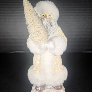 Vintage Ivory Resin Glitter Coat And White Fur Trim Santa Holding An Ivory Tree